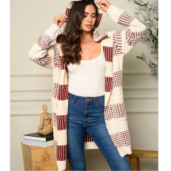 Fate Sweaters - NWT Fate Anthropology Thick Knit Hooded Long Length Striped Open Cardigan Sz S